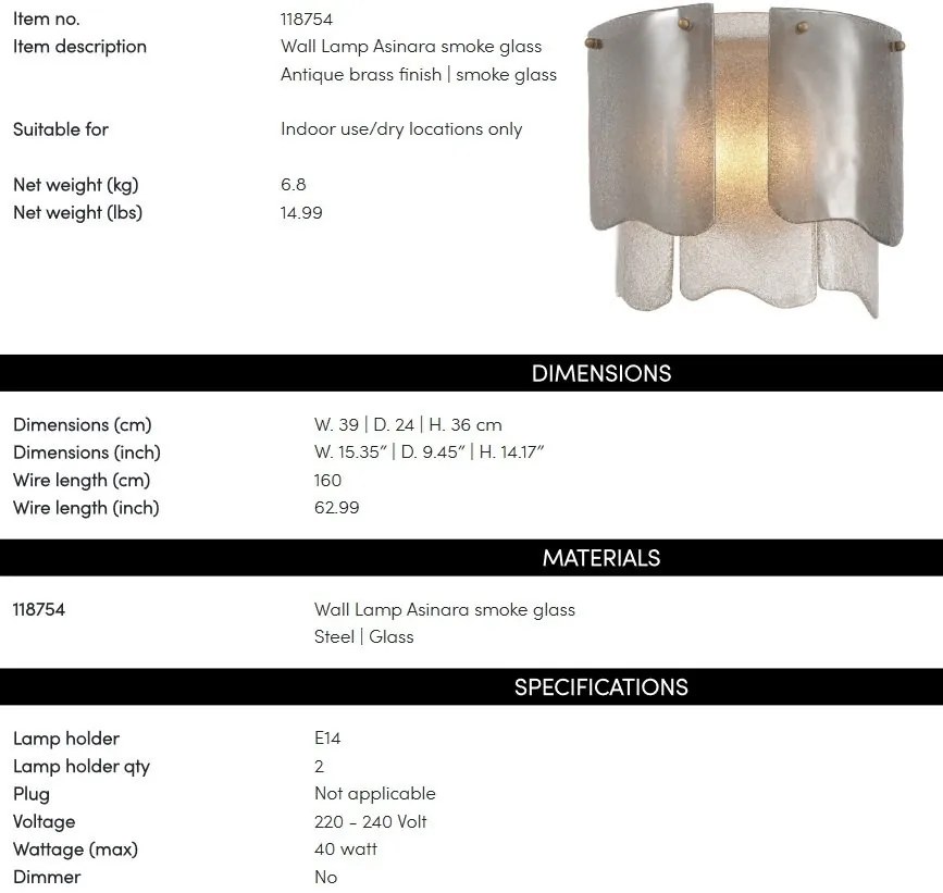 Aplica de perete LUX design deosebit Asinara, sticla fumurie
