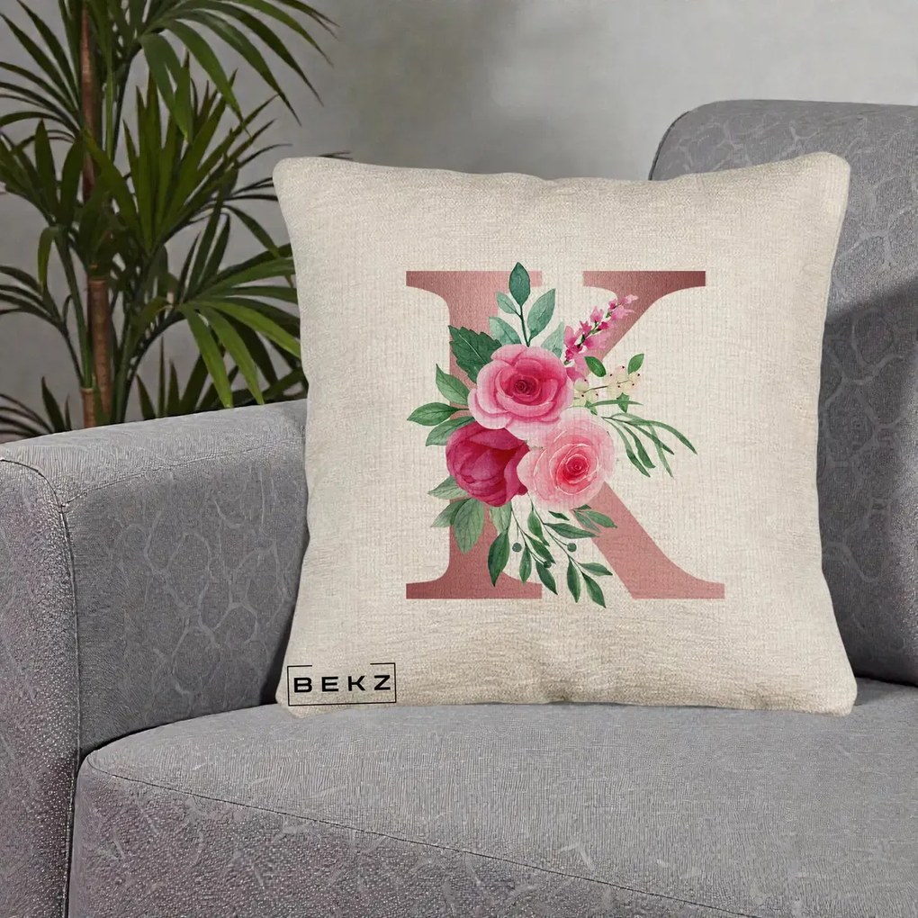 Cadou Personalizat - Perna Personalizata Monograma Rose Gold Litera K, 40x40 cm, Bej Canapea, Husa Detasabila, Perna Inclusa, BEKZ®