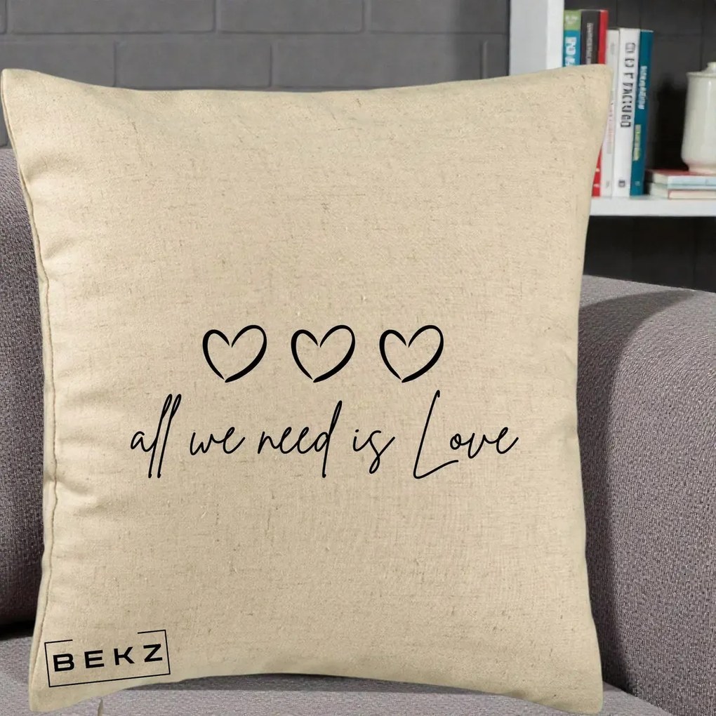 Perna Decorativa All We Need Is Love, 40x40 cm, Bej, Husa Detasabila, Perna Inclusa, BEKZ®