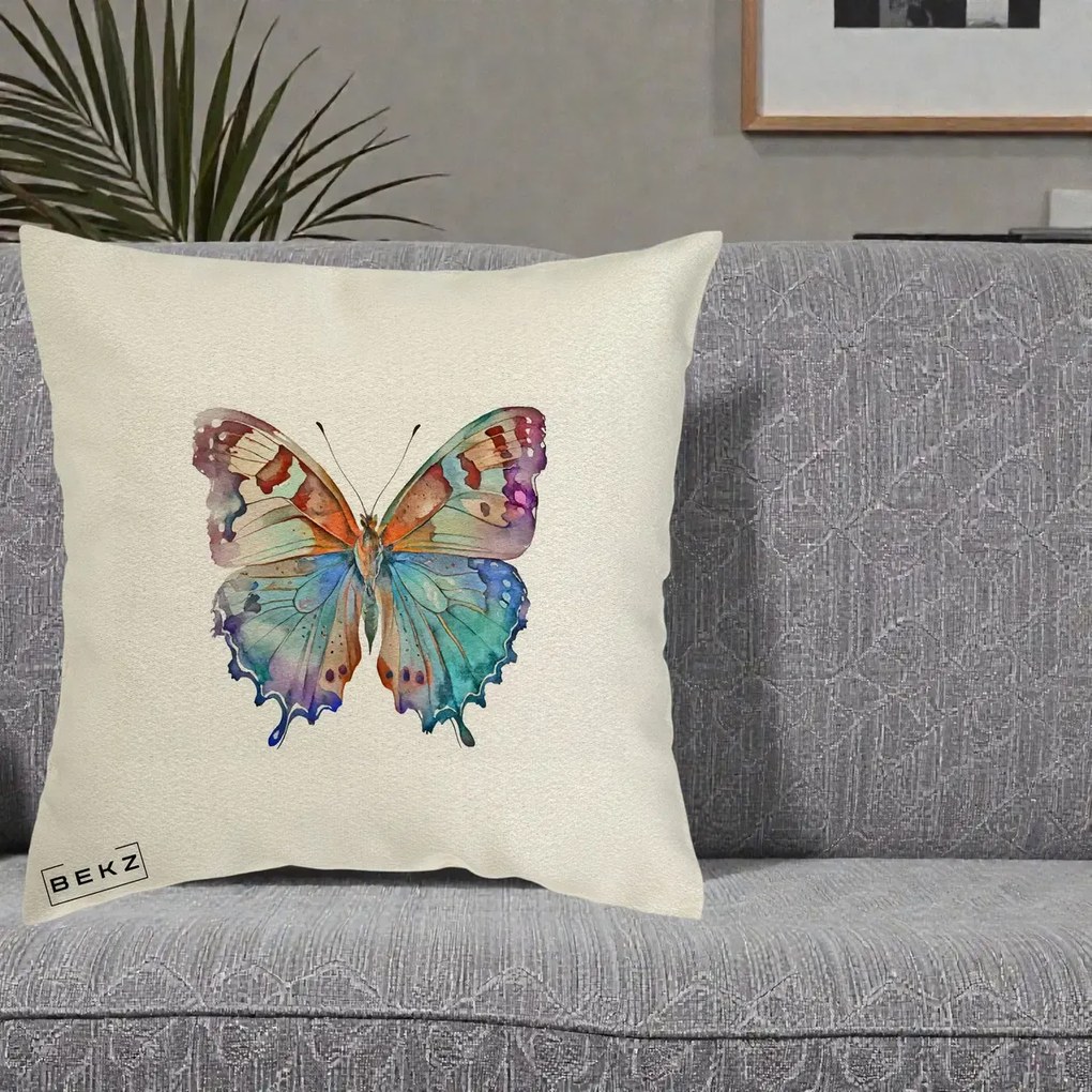 Perna Decorativa Fluture Acuarela Multicolor Portocaliu-Bleu-Mov, 40x40 cm, Ecru, Husa Detasabila, Perna Inclusa, BEKZ®