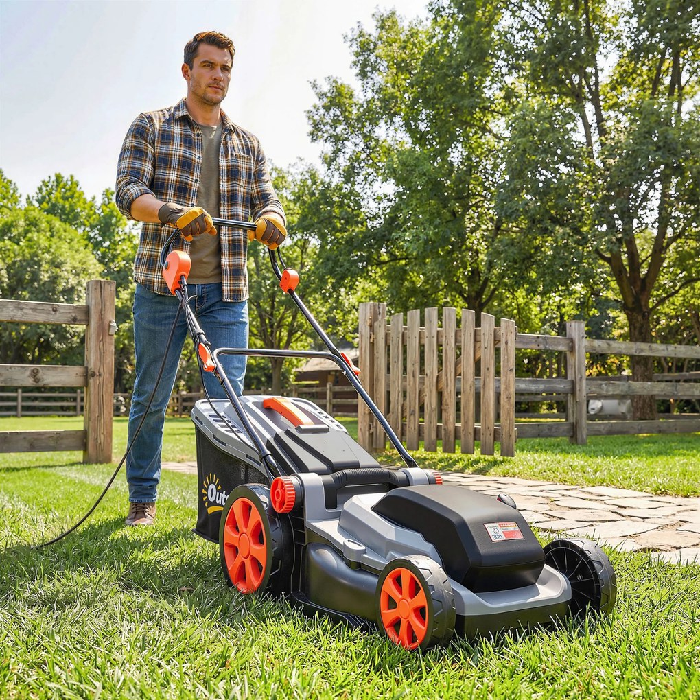 Outsunny Mașină de Tuns Iarba Electrică 1800W cu Lățime de Tăiere de 40cm, Funcție Mulching și Sac de 50L, Mâner Reglabil și Detașabil, 6 Niveluri de Tăiere, Gri Deschis | Aosom Romania