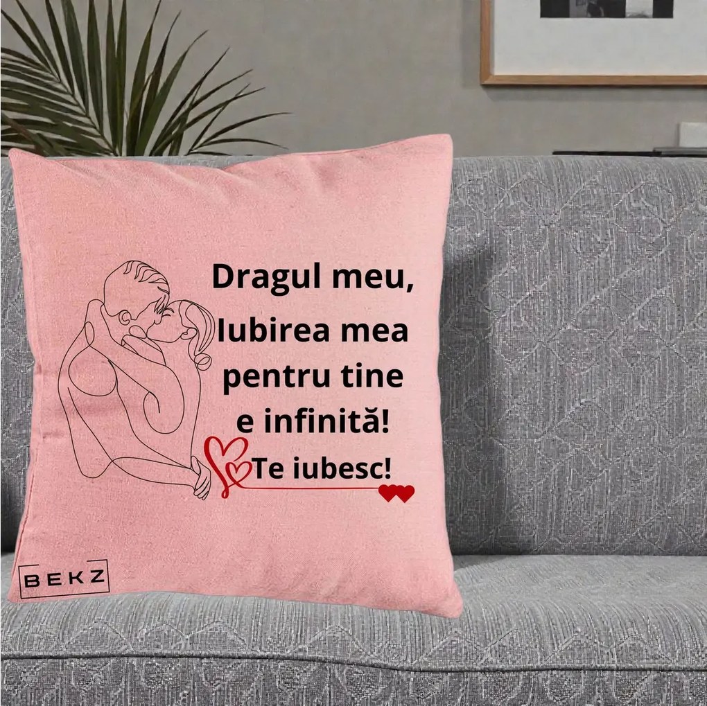 Cadou pentru Iubit - Perna Personalizata Dragul Meu Iubirea Mea pentru Tine e Infinita Te Iubesc, 40x40 cm, Roz, Husa Detasabila, Perna Inclusa, BEKZ®