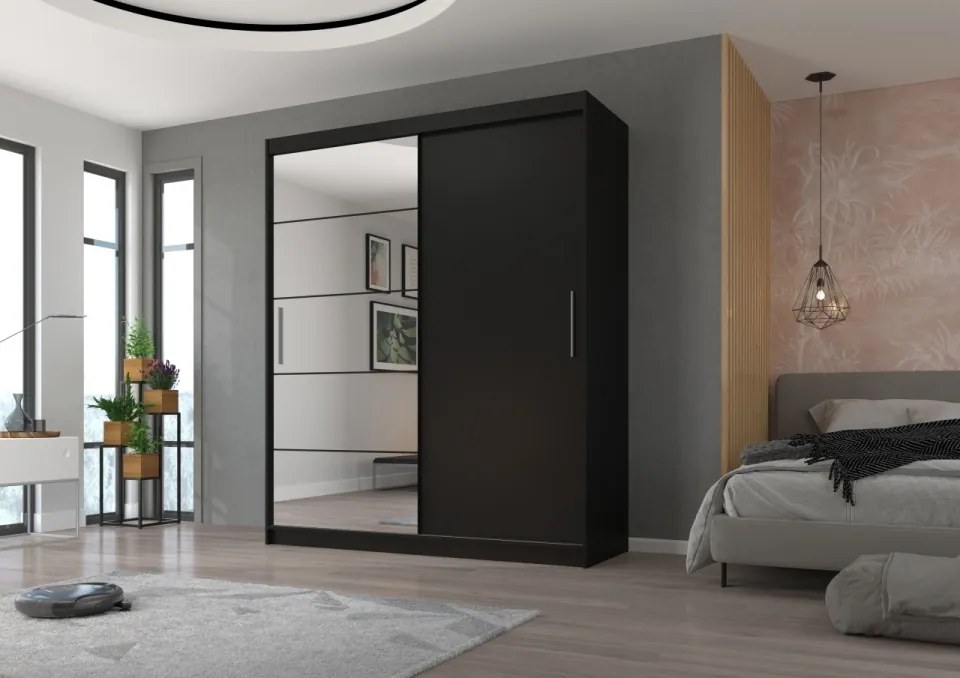 Dulap cu usi glisante si oglinda, 180x215 cm, Esti, ADRK Furniture (Culoare: Negru)