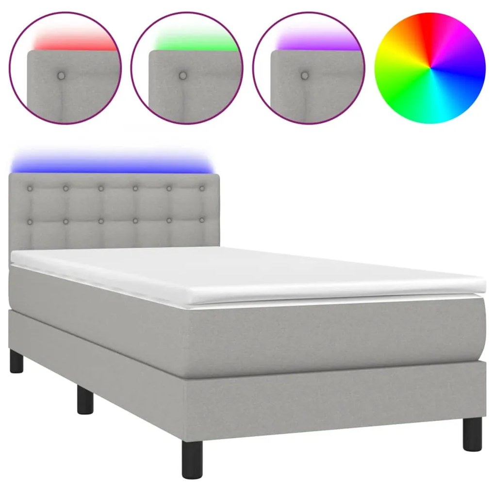 3133429 vidaXL Pat cu arcuri, saltea și LED, gri deschis, 80x200 cm, textil