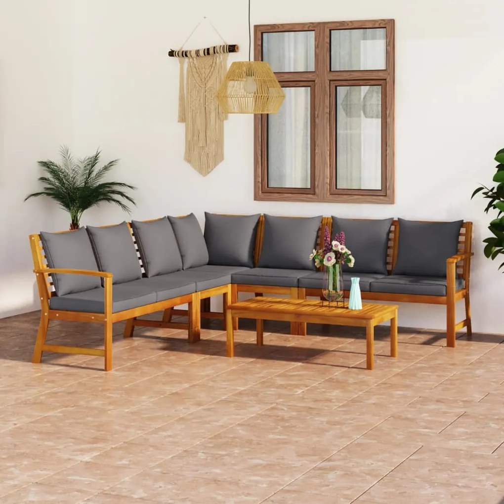 Set mobilier de gradina cu perne, 6 piese, lemn masiv acacia Morke gra, colt + 2x mijloc + 2x banca + masa, 1