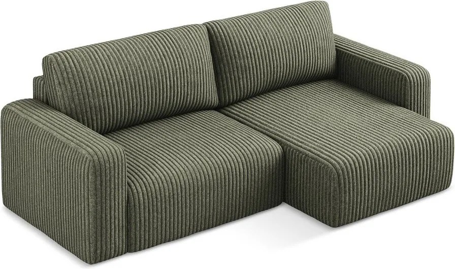 Colțar verde extensibil/cu spațiu de depozitare cu tapițerie din catifea reiată (cu colț pe partea dreaptă/cu șezlong) Kona – Makamii