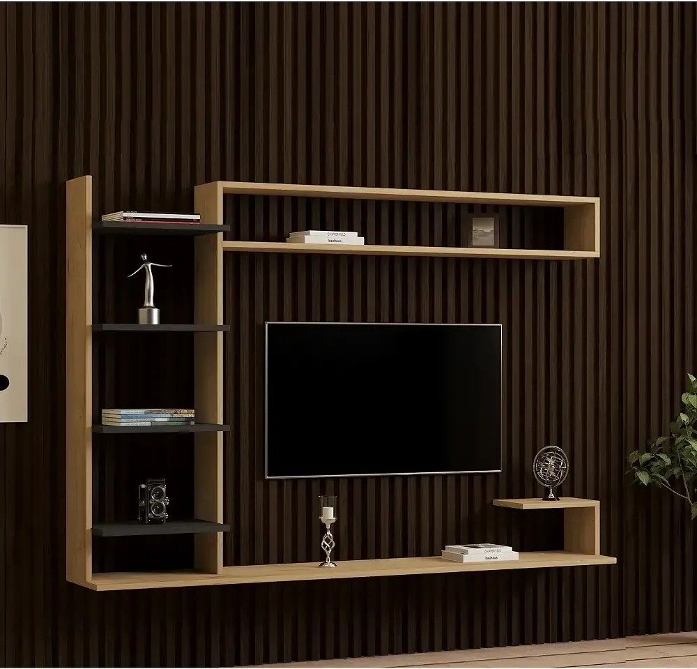 Comoda tv pentru perete cu raft,  culoare nuc si antracit 180 cm
