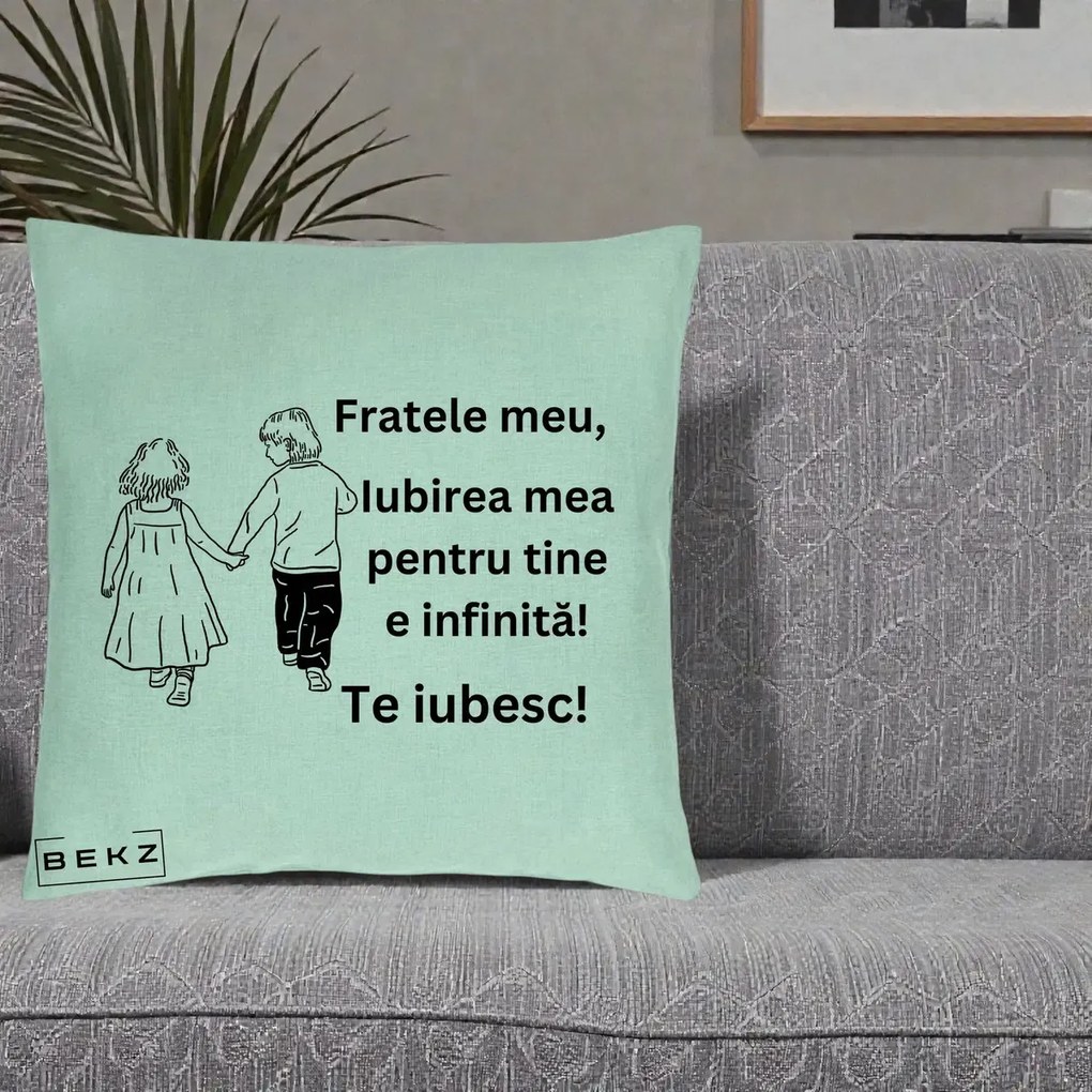 Cadou pentru Frate - Perna Personalizata Fratele Meu Te Iubesc Copii Tinand Maini Varianta 2, 40x40 cm, Verde Menta, Husa Detasabila, Perna Inclusa, BEKZ®