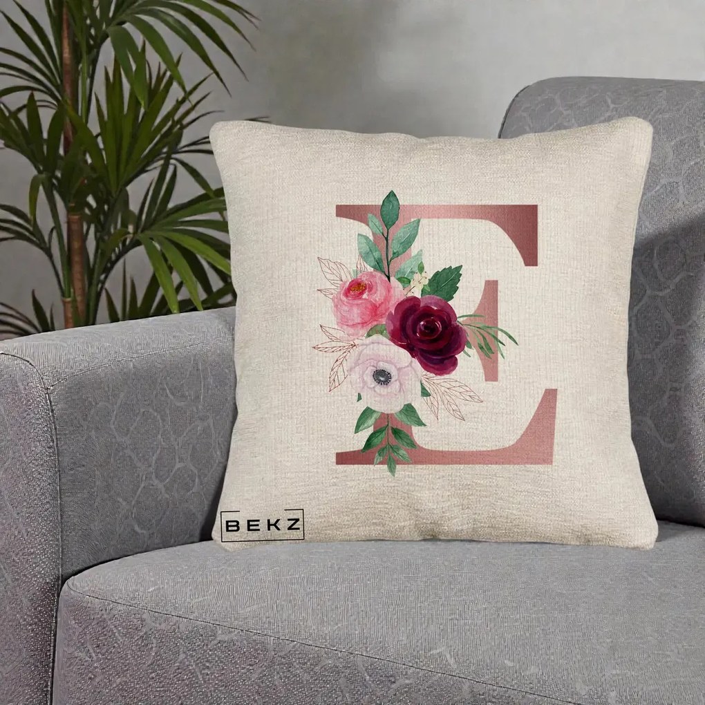 Cadou Personalizat - Perna Personalizata Monograma Rose Gold Litera E, 40x40 cm, Bej Canapea, Husa Detasabila, Perna Inclusa, BEKZ®
