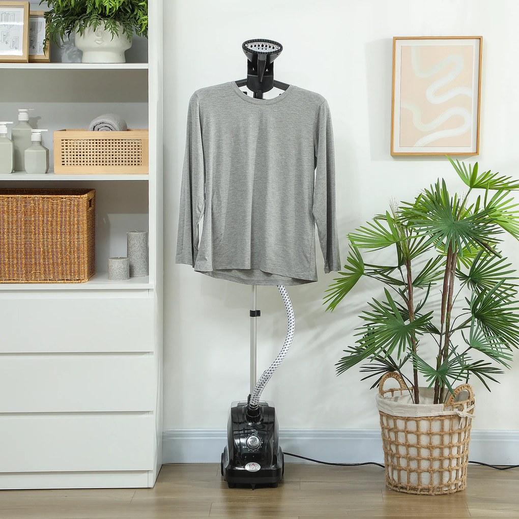 HOMCOM Aparat de Călcat Vertical cu Abur 1.4L cu Bară Extensibilă și 2 Roți Negru | Aosom Romania