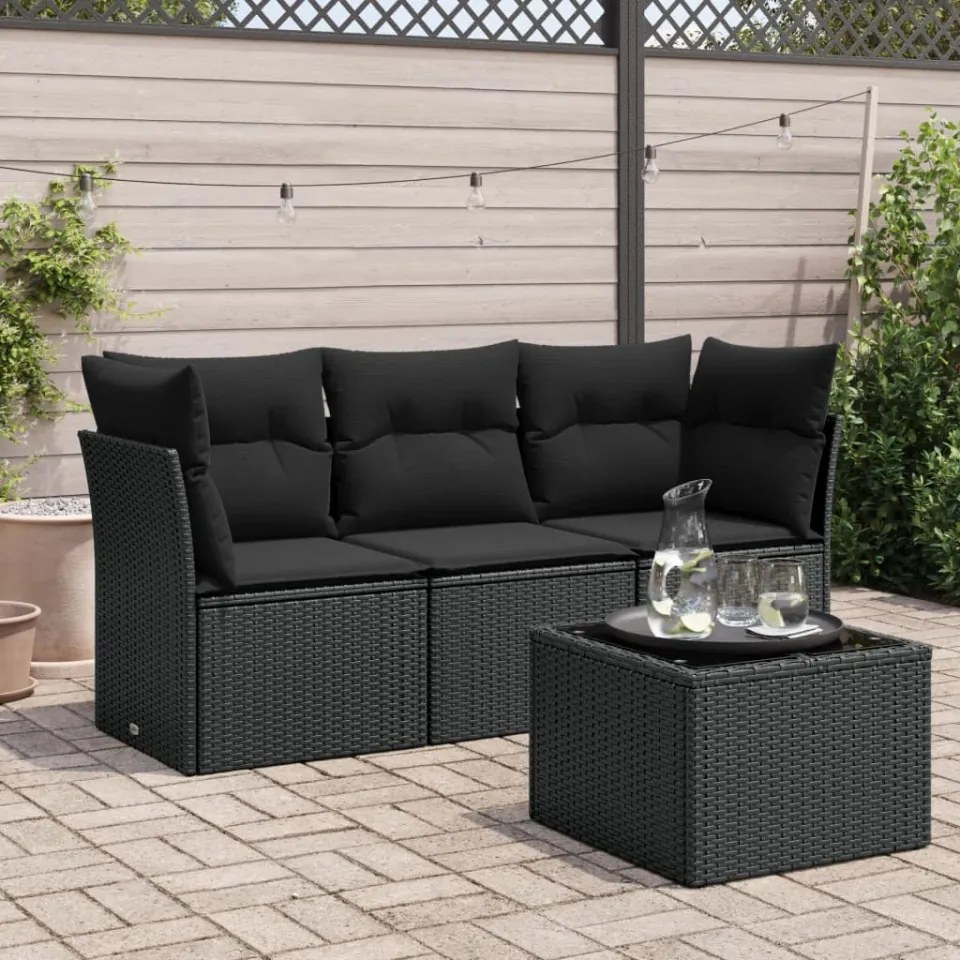 Set mobilier de grădină cu perne, 4 piese, negru, poliratan