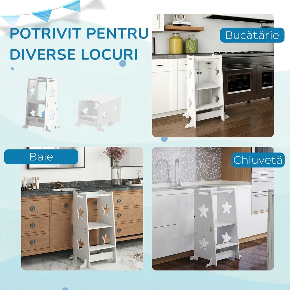 AIYAPLAY Turn de Învățare Convertibil în Set Masă și Scaune cu Bară de Siguranță, 60x44,5x86 cm, Alb | Aosom Romania
