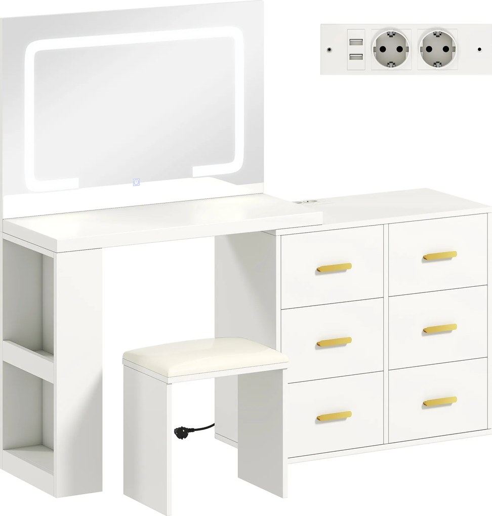 HOMCOM Toaletă cu oglindă și taburet, masă de machiaj cu iluminare LED reglabilă, 6 sertare, 118 x 78 x 135 cm, alb | Aosom Romania