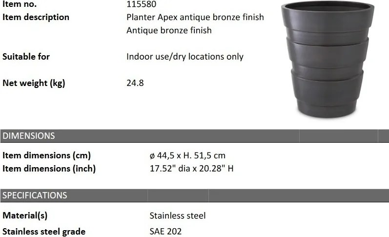 Ghiveci, Vas decorativ din otel inoxidabil Apex bronz antic