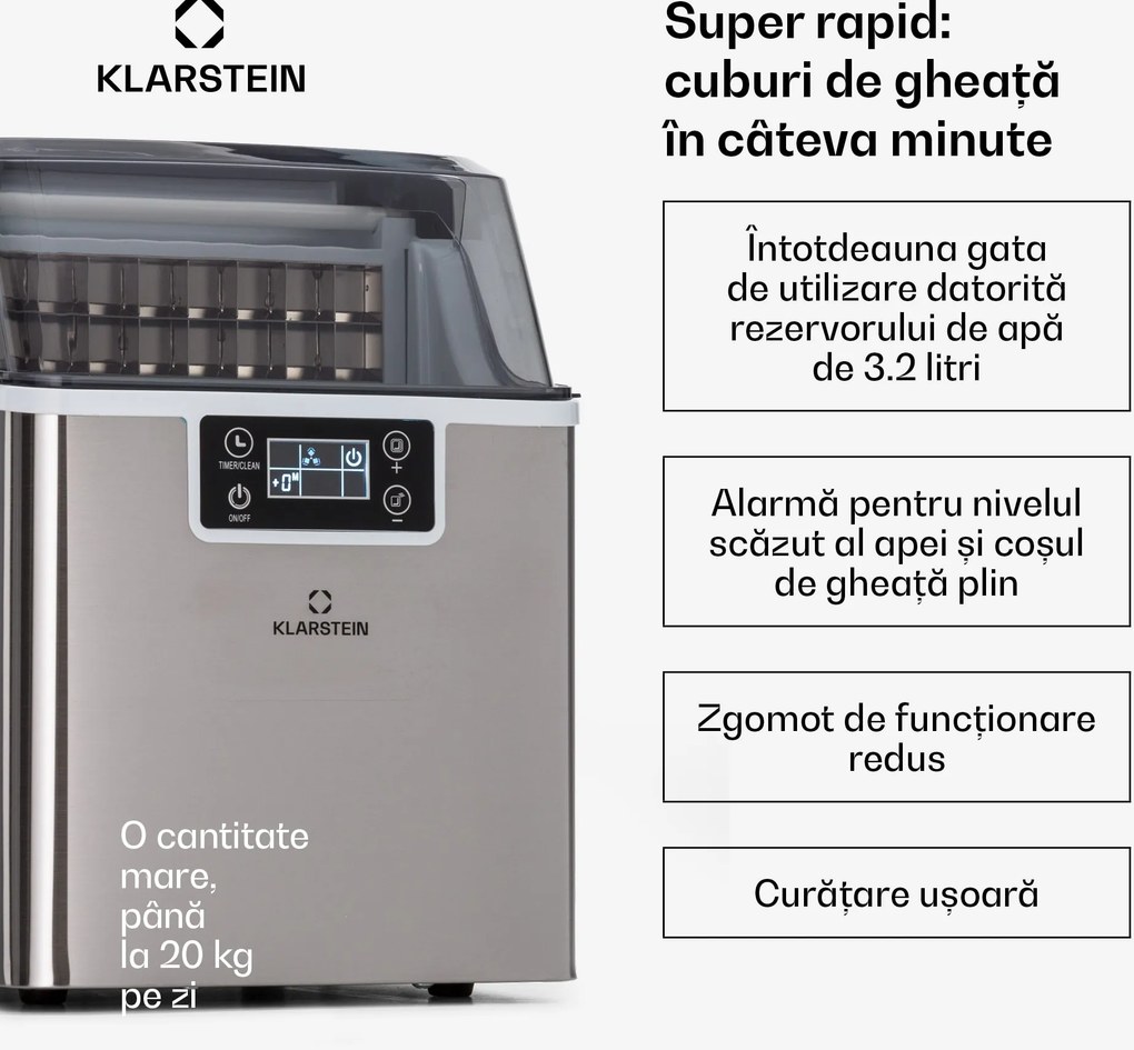 Klarstein Chios, aparat de făcut cuburi de gheață, 20 kg/24 h, Auto-Clean, rezervor de apă de 3,2 litri