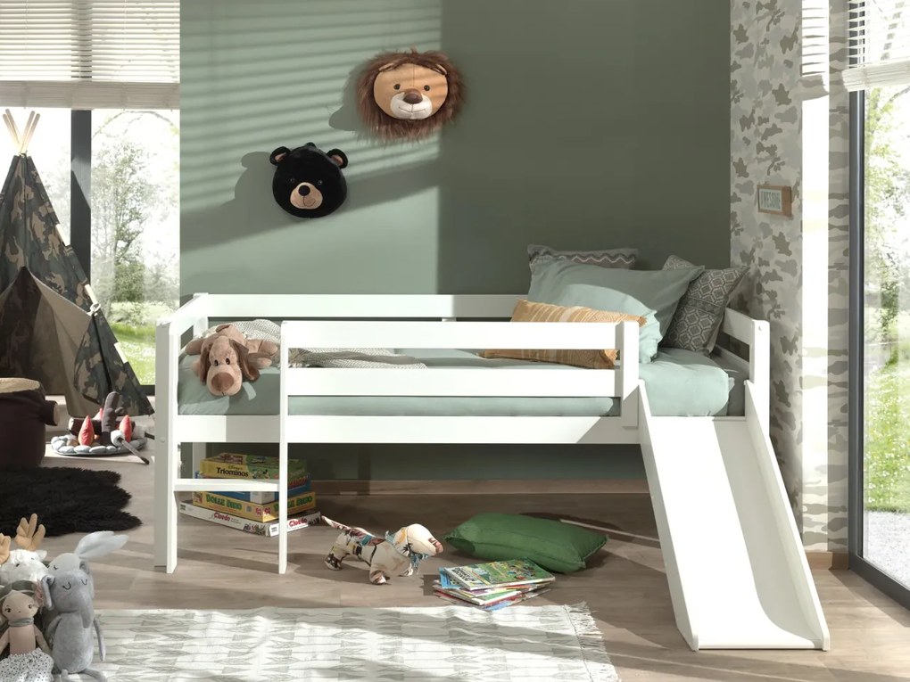 Pat Pino pentru copii cu tobogan, alb, 90x200 cm, înălțime 85 cm – Vipack