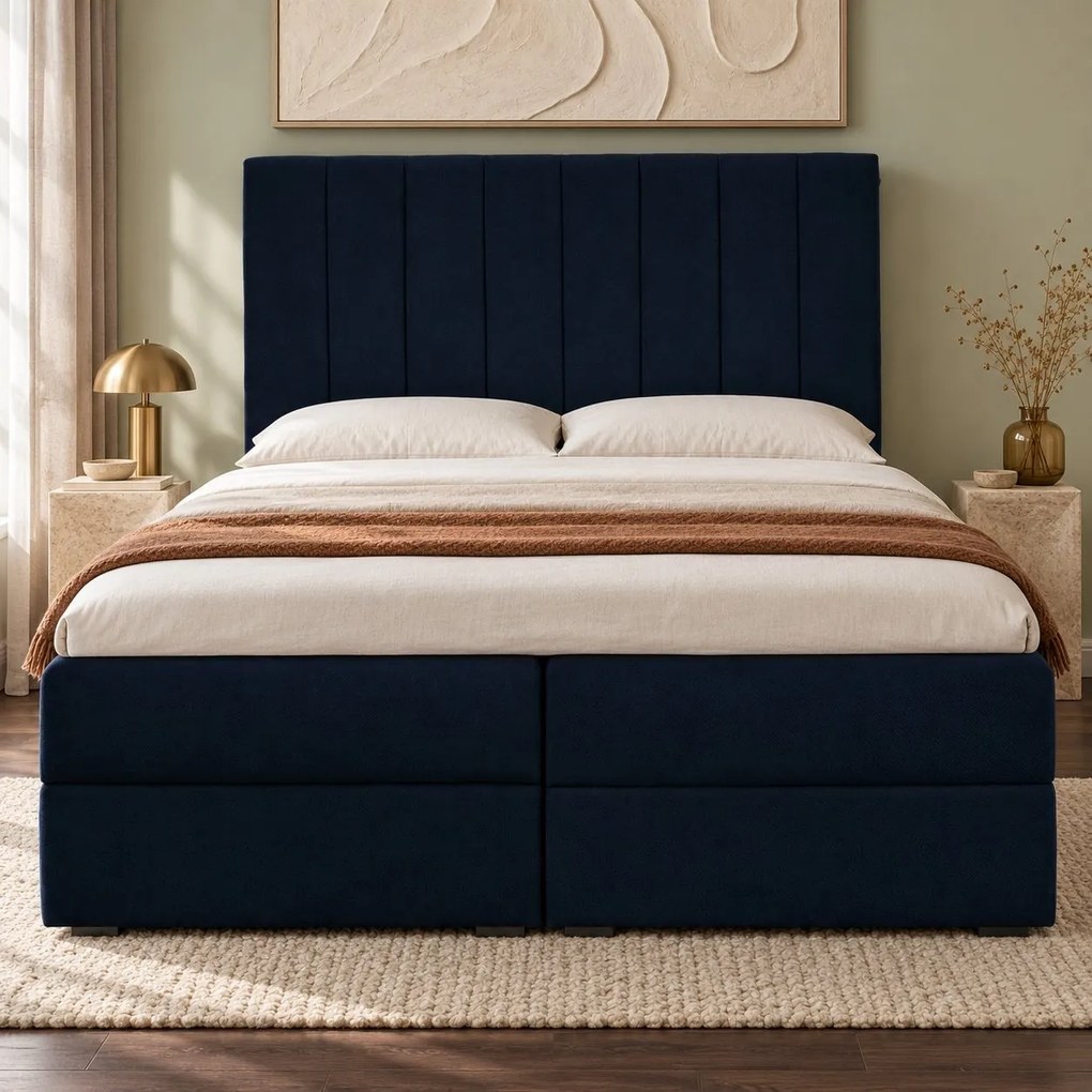 Pat boxspring din catifea Novella cu ladă 160×200 cm, bleumarin
