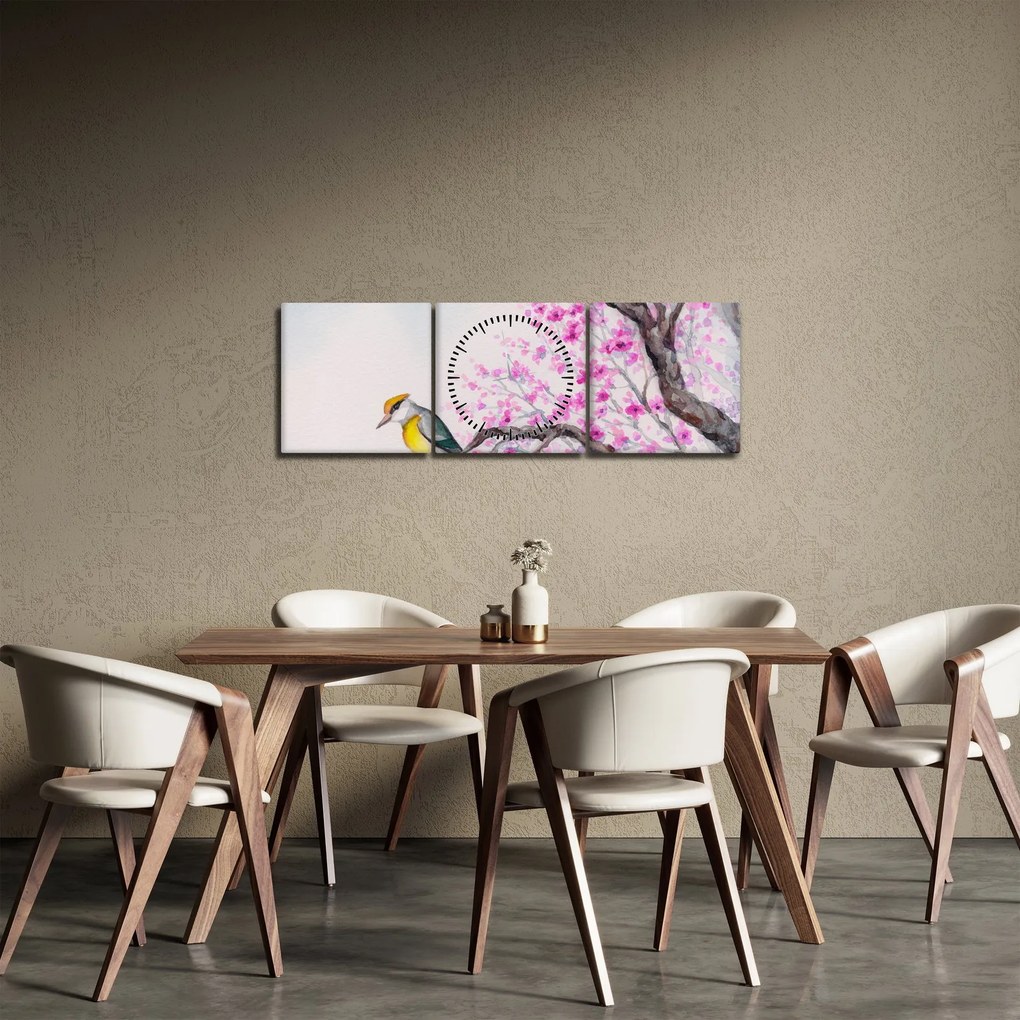 Tablou - Pasăre pe un copac cu flori roz (cu ceas) (90x30 cm)