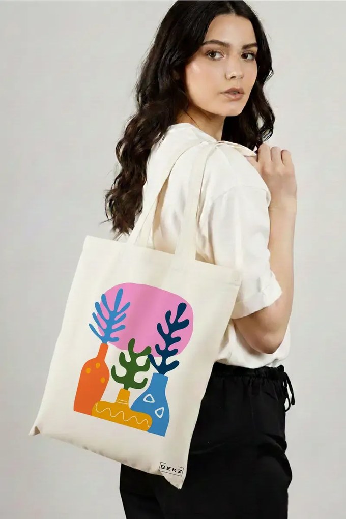 Sacosa de Panza pentru Cumparaturi, Geanta Tote, model Gradina Abstracta, 38x34.5 cm, Alba, BEKZ®
