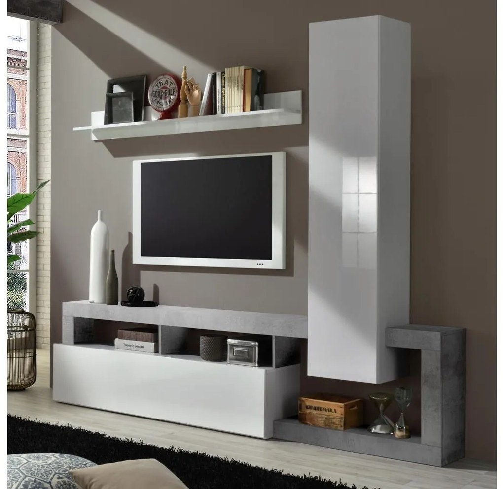 Compoziție living LENOR alb/gri, aspect beton