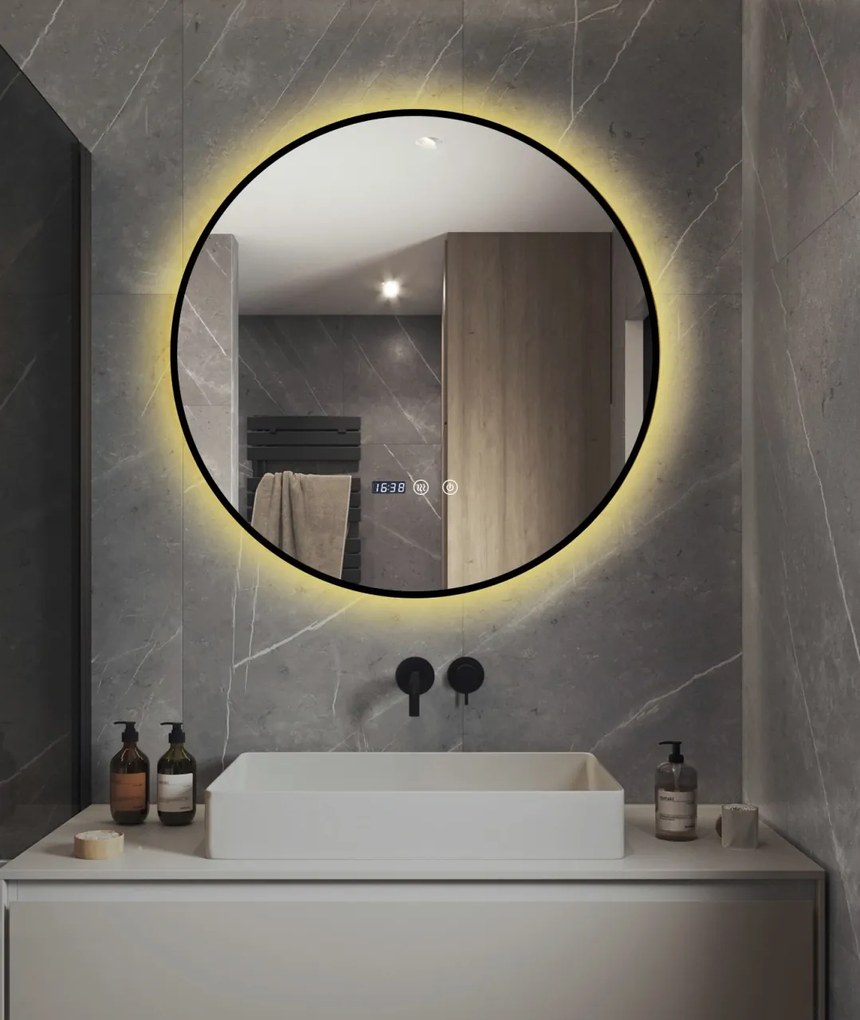 Oglindă LED Touch Premium, Dezaburire, Rama Negra, 3 Tipuri Lumină 60 cm