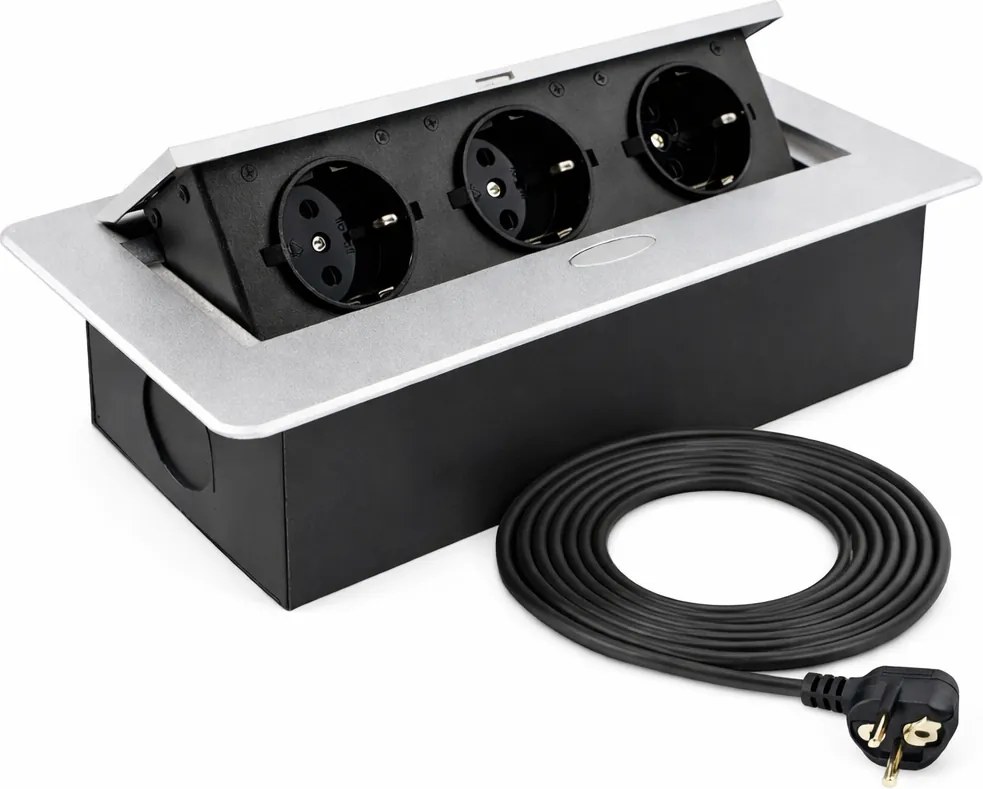 Priză încorporabilă în blat Kombibox Design Light, 3 prize Schuko, aluminiu, 266 x 133 mm Metal, Aluminiu, L:266 mm; l:133 mm
