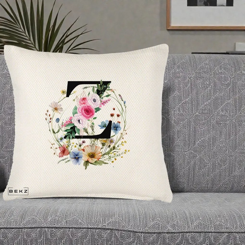 Cadou Personalizat - Perna Personalizata Monograma Florala Litera Z cu Coroana, 40x40 cm, Crem Reliefat, Husa Detasabila, Perna Inclusa, BEKZ®