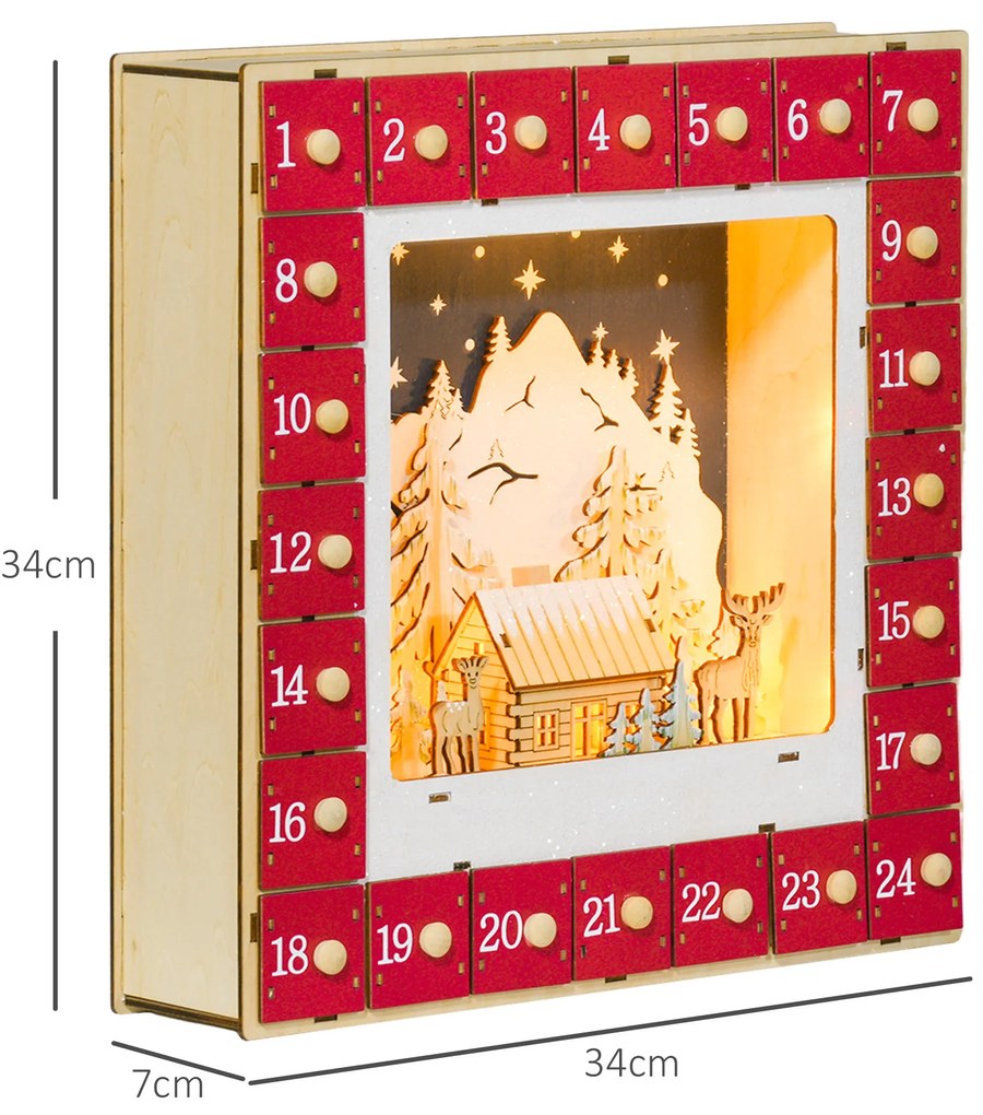 HOMCOM Calendar de Advent cu LED, decorațiuni de Crăciun din lemn, 24 sertare de umplut, decorațiune luminoasă, roșu | Aosom Romania