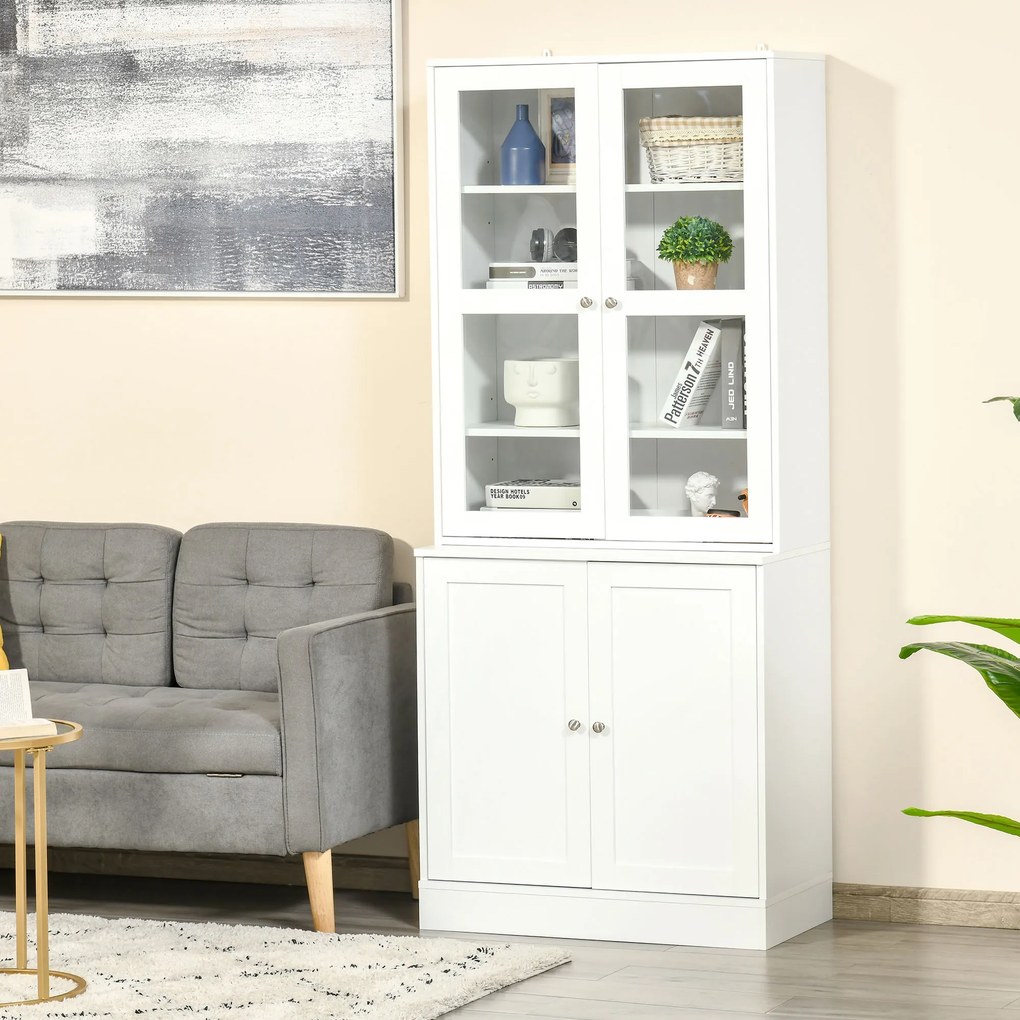 HOMCOM Mobilier de Bibliotecă cu 2 Dulapuri, Rafturi și Uși din Sticlă Alb | Aosom Romania
