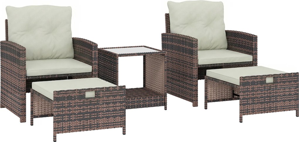 Outsunny Set de Mobilier de Grădină din Rattan 5 Piese, Set de Mobilier Exterior cu 2 Suporturi pentru Picioare, 2 Fotolii, Masă de Cafea cu 2 Niveluri, Perne, pentru Balcon, Terasă, Patio, Maro/Crem | Aosom Romania