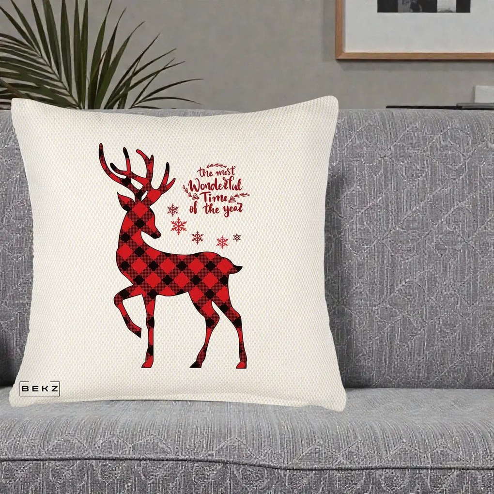 Perna Decorativa Ren Buffalo Plaid Craciun, 40x40 cm, Crem Reliefat, Husa Detasabila, Perna Inclusa, BEKZ®