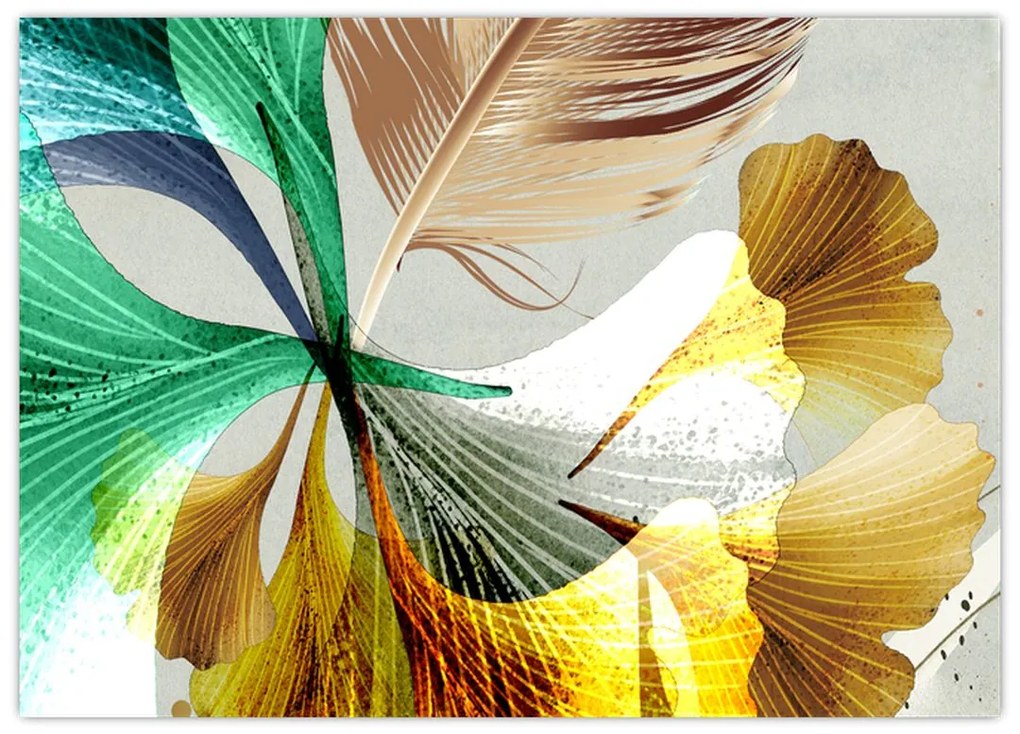 Tablou pe sticlă - Frunze cu pană (70x50 cm)