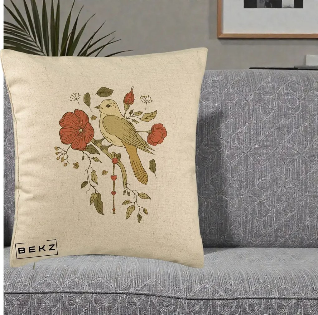 Perna Decorativa Pasare pe Ramura cu Maci, 40x40 cm, Bej, Husa Detasabila, Perna Inclusa, BEKZ®