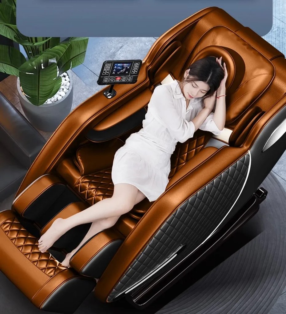 Fotoliu masaj IULIUS, Incalzire, Bluetooth, Display LCD, Ecran tactil color, Zero Gravity, 2 Boxe, Moduri Automate, Reglarea intensității masajului, Suport picioare extensibil, Piele PU Premium, Negru/Portocaliu