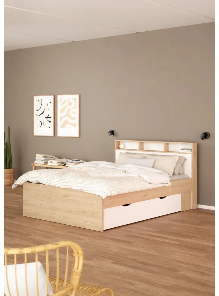 Pat matrimonial în culoare naturală cu aspect de lemn de stejar cu spațiu de depozitare fără somieră 140x200 cm Ikast – Tvilum
