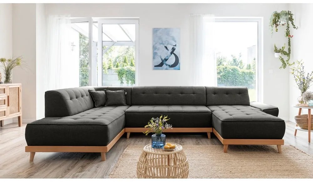 Canapea extensibilă în formă de "U" cu șezlong pe partea stângă Miuform Dazzling Daisy, gri închis