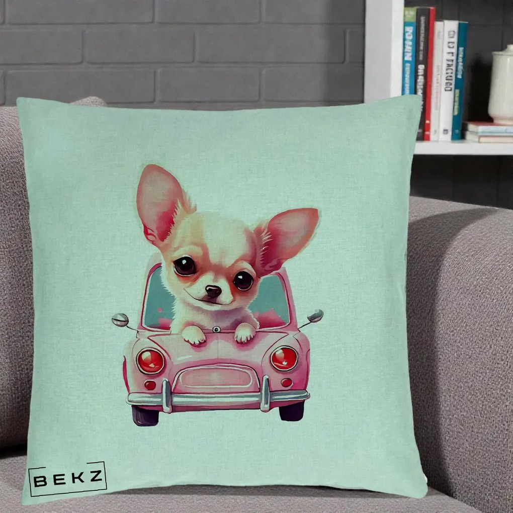 Perna Decorativa Chihuahua Roz in Masinuta, 40x40 cm, Verde Menta, Husa Detasabila, Perna Inclusa, BEKZ®