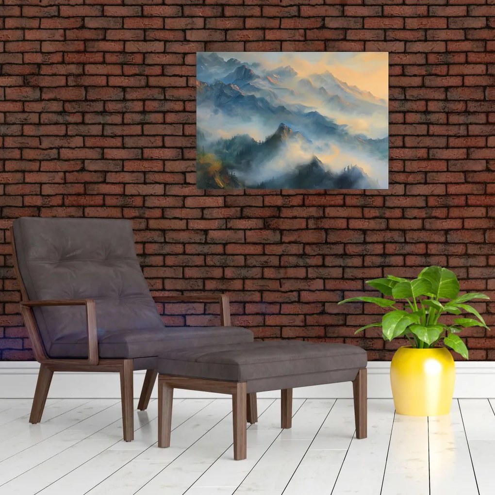 Tablou pe sticlă - Peisaj montan pictat (70x50 cm)