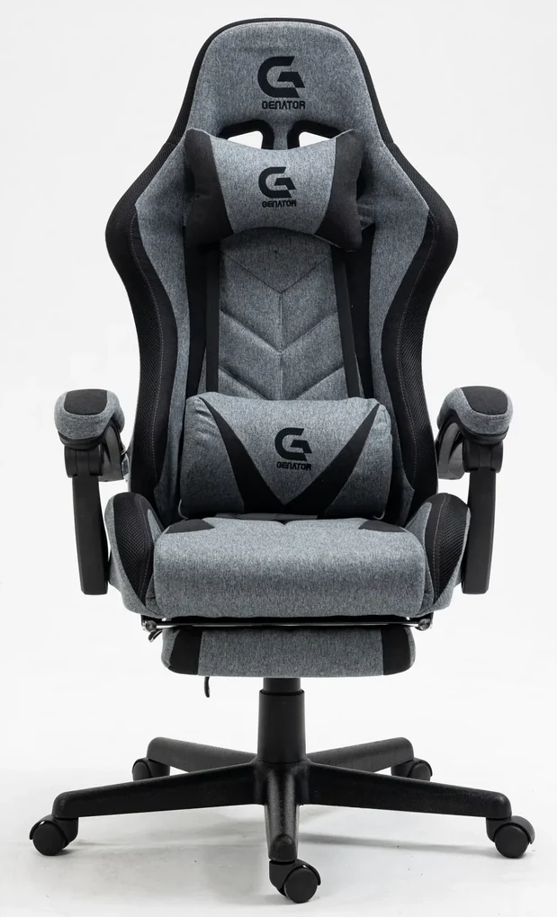 Scaun gaming cu masaj în perna lombară, sistem iluminare bandă LED RGB, suport picioare, material textil, Gri/Negru