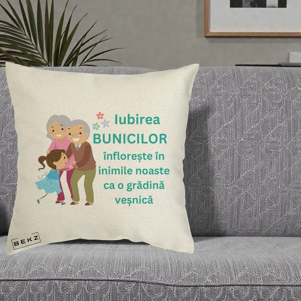 Cadou pentru Bunici - Perna Personalizata Bunicii Iubirea Infloreste cu Nepoata Teal, 40x40 cm, Ecru, Husa Detasabila, Perna Inclusa, BEKZ®
