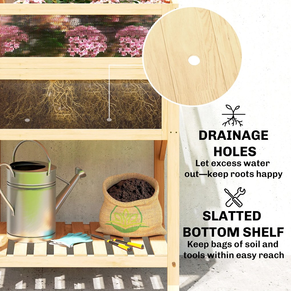 Outsunny Pat înălțat cu capotă pentru mini-seră din lemn jardinieră cu seră pliabilă masă laterală raft lemn natural | Aosom Romania