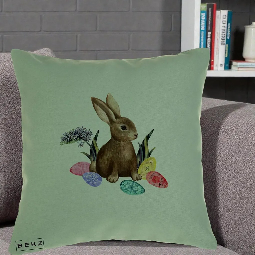 Perna Decorativa Iepuras cu Oua de Pasti Acuarela, 40x40 cm, Verde, Husa Detasabila, Perna Inclusa, BEKZ®