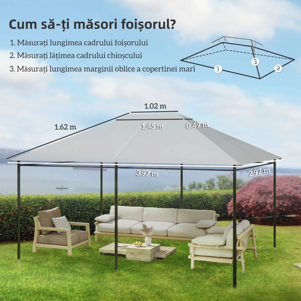 Outsunny Acoperiș de Schimb pentru Foișor, Rezistent la Intemperii, 397 x 297 cm, Gri Deschis | Aosom Romania