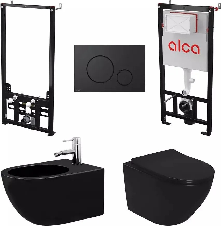 Set rezervor WC cu cadru incastrat Alca AM101/1120 si clapeta M678 negru plus vas WC Rea Carlo cu capac negru si bideu cu cadru