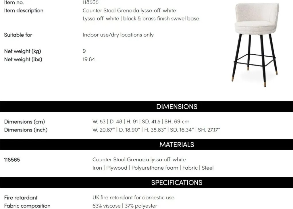 Scaun de bar pivotant design LUX Grenada Counter, Lyssa off-white