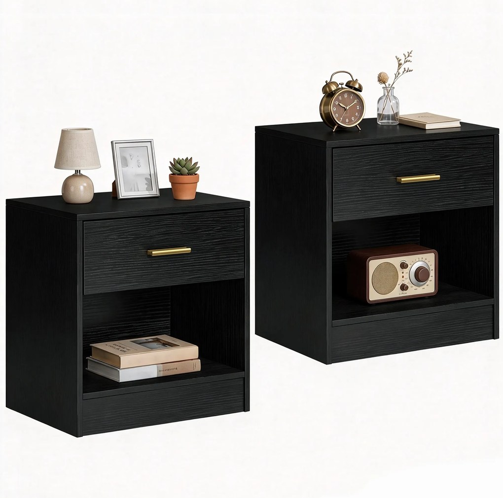 HOMCOM Set 2 Noptiere Moderne din Lemn cu Sertar și Poliță Deschisă, 39x28x41 cm, Negru | Aosom Romania