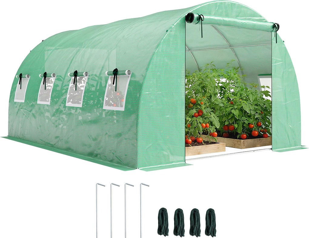 Outsunny Seră cca. 4 x 3 x 2 m, seră din folie cu uși rulante, 2 uși cu fermoar & 8 ferestre cu plasă, tije de susținere, Verde | Aosom Romania