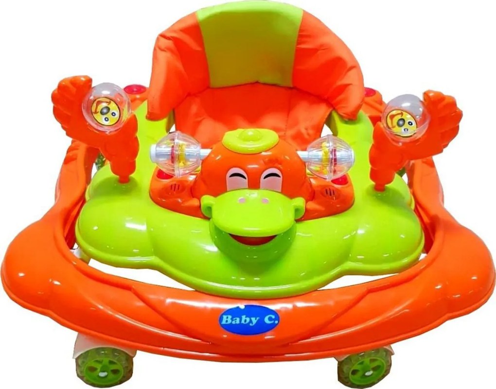 Premergator reglabil in 3 trepte NOVOKIDS™ Baby C, cu melodii, roti silentioase din silicon, Ratusca, Pliabil, Verde si Portocaliu