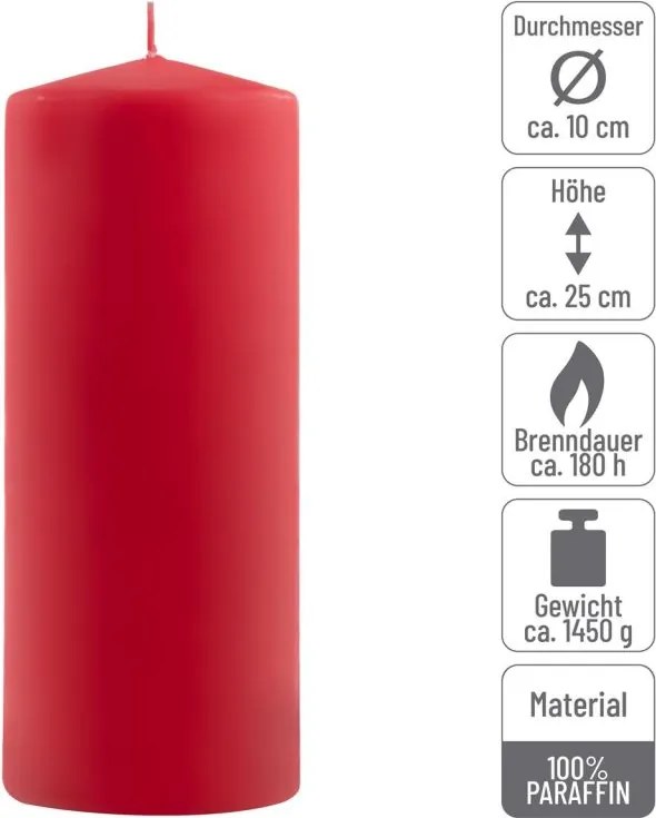 Set de lumânări tip pilon, 25 cm, Ø 10 cm, roșu, 2 buc