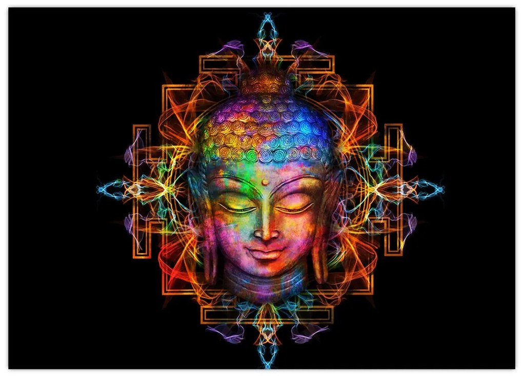 Tablou pe sticlă - Bustul lui Buddha în culori neon (70x50 cm)